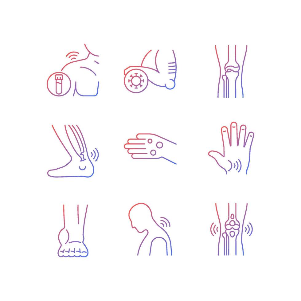 Joint problems gradient linear vector icons set. Muscle aches. Tendons stiffness. Ligament sprain. Arthritis symptoms. Thin line contour symbols bundle. Isolated outline illustrations collection