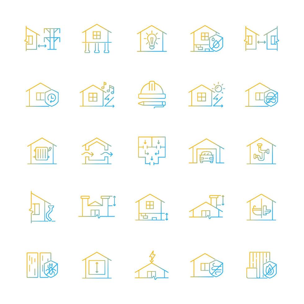 Building safety requirements gradient linear vector icons set. Remodeling house. Standards for buildings design. Thin line contour symbols bundle. Isolated outline illustrations collection