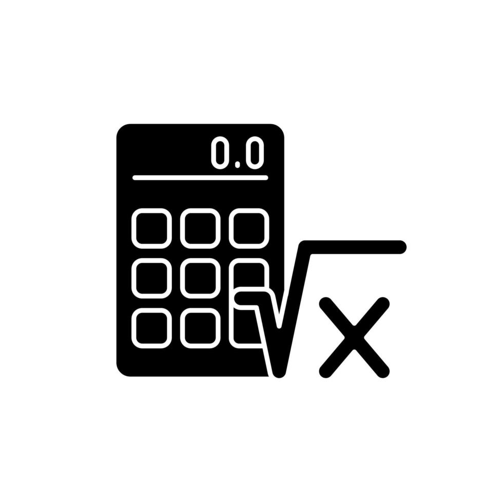 Algebra black glyph icon. Calculator, radical symbol. Mathematical calculations. Solving equation. Algebra classes in school. Silhouette symbol on white space. Vector isolated illustration