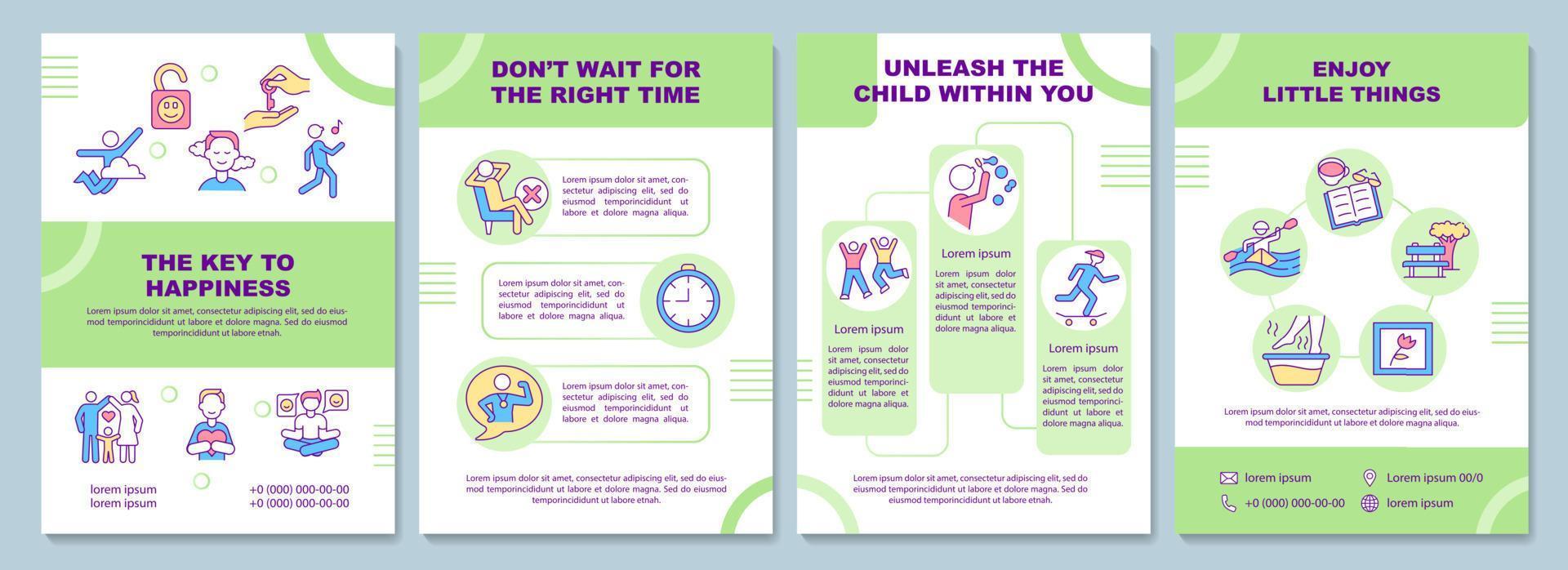 Key to happiness brochure template. Positive thinking. Flyer, booklet, leaflet print, cover design with linear icons. Vector layouts for presentation, annual reports, advertisement pages