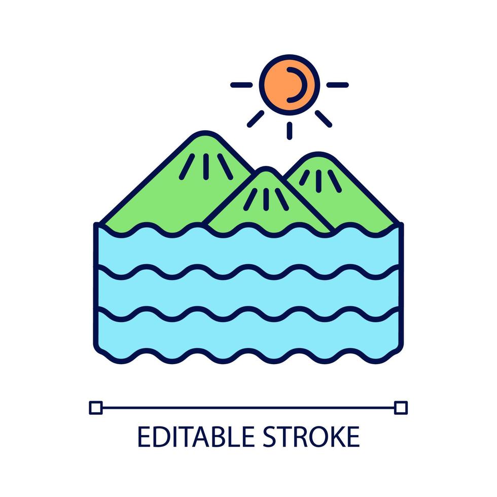 Island RGB color icon. Land surrounded by water. Ground piece in sea and ocean. Land in water. Islet, skerry and cay. Isolated vector illustration. Simple filled line drawing. Editable stroke