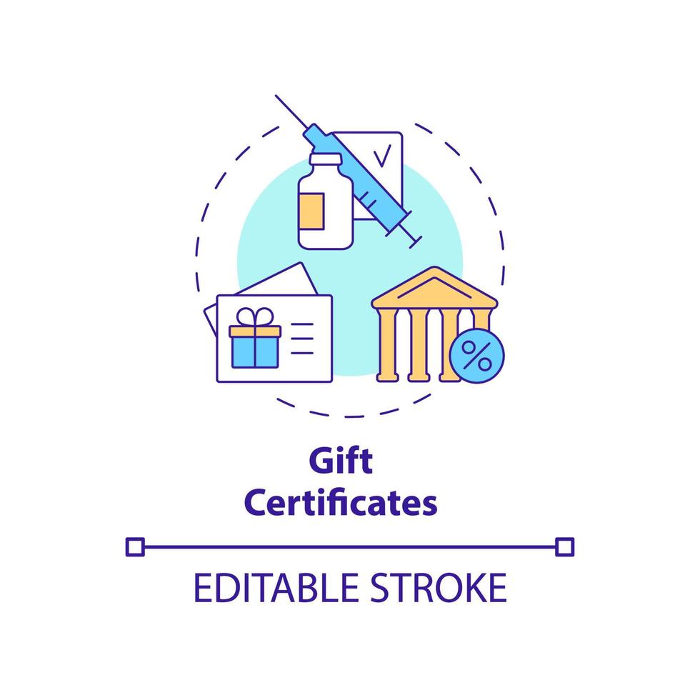 Gift certificates concept icon. Vaccination bonuses abstract idea thin line illustration. Motivating people to get recommended vaccines. Vector isolated outline color drawing. Editable stroke