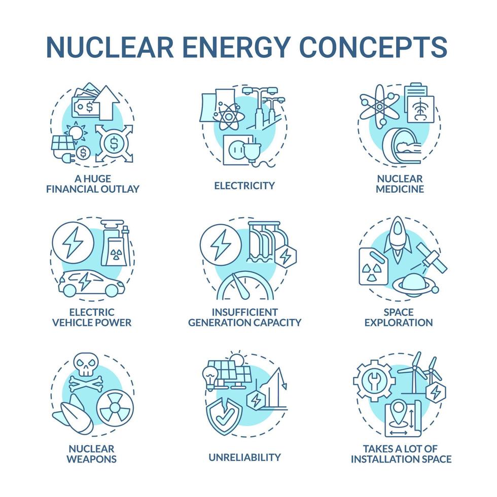 Nuclear energy blue concept icons set. Innovative nuclear technology idea thin line color illustrations. Electric vehicle power. Space exploration. Vector isolated outline drawings. Editable stroke