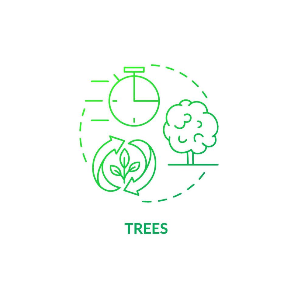 Trees green gradient concept icon. Renewable natural resource abstract idea thin line illustration. Biomass energy source on farm. Isolated outline drawing. Roboto-Medium, Myriad Pro-Bold fonts used vector