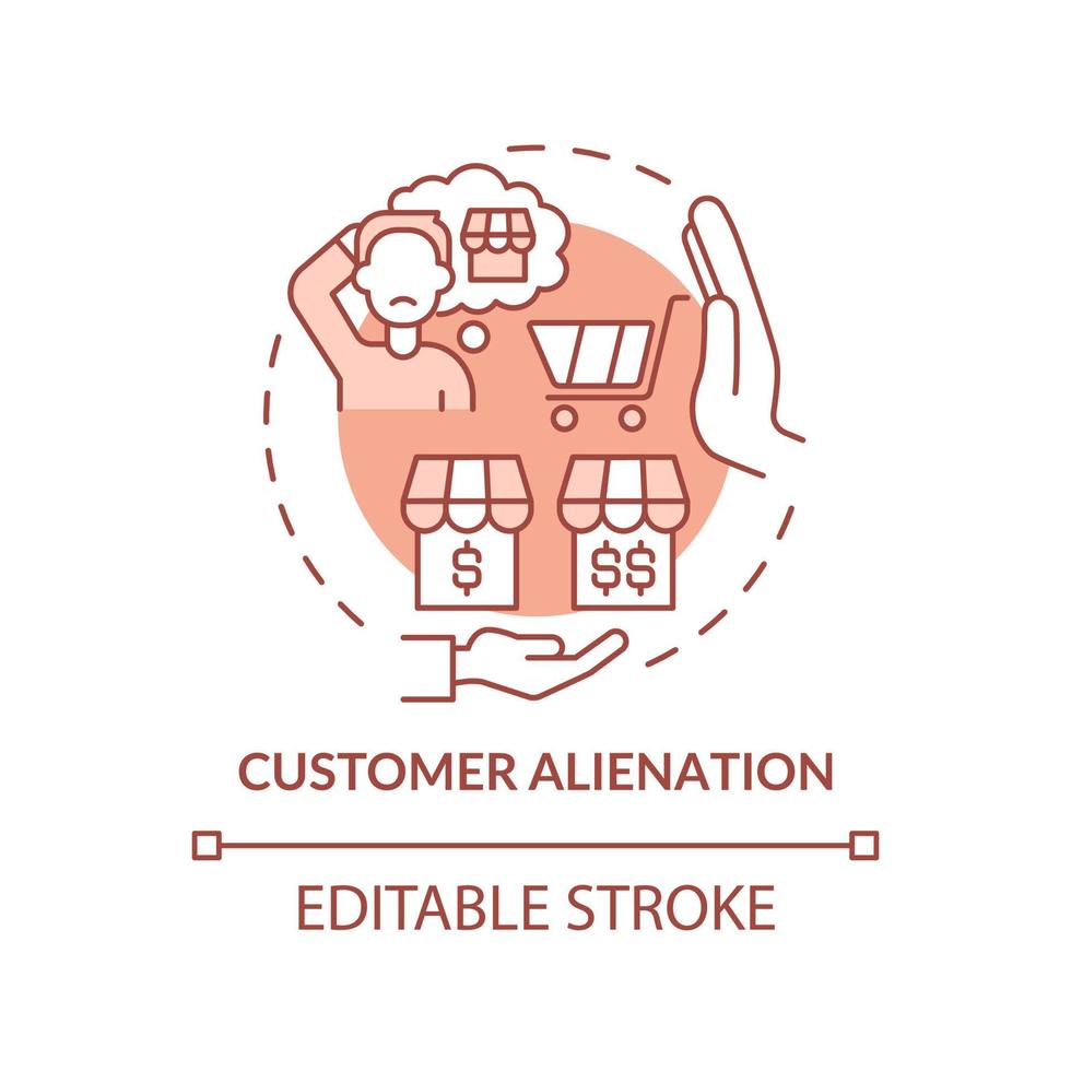 Customer alienation terracotta concept icon. Low consumer retention abstract idea thin line illustration. Isolated outline drawing. Editable stroke. Roboto-Medium, Myriad Pro-Bold fonts used vector