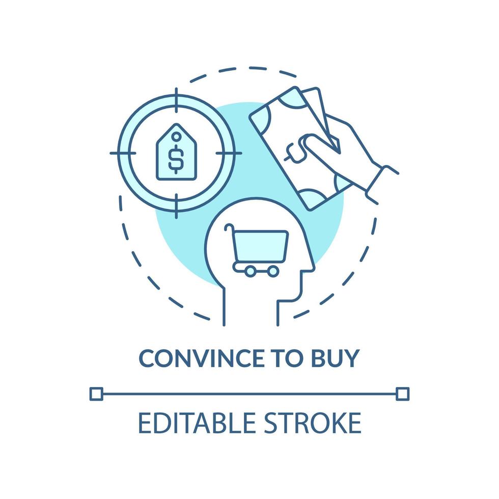 Convince to buy turquoise concept icon. Attracting potential customers abstract idea thin line illustration. Isolated outline drawing. Editable stroke. Roboto-Medium, Myriad Pro-Bold fonts used vector
