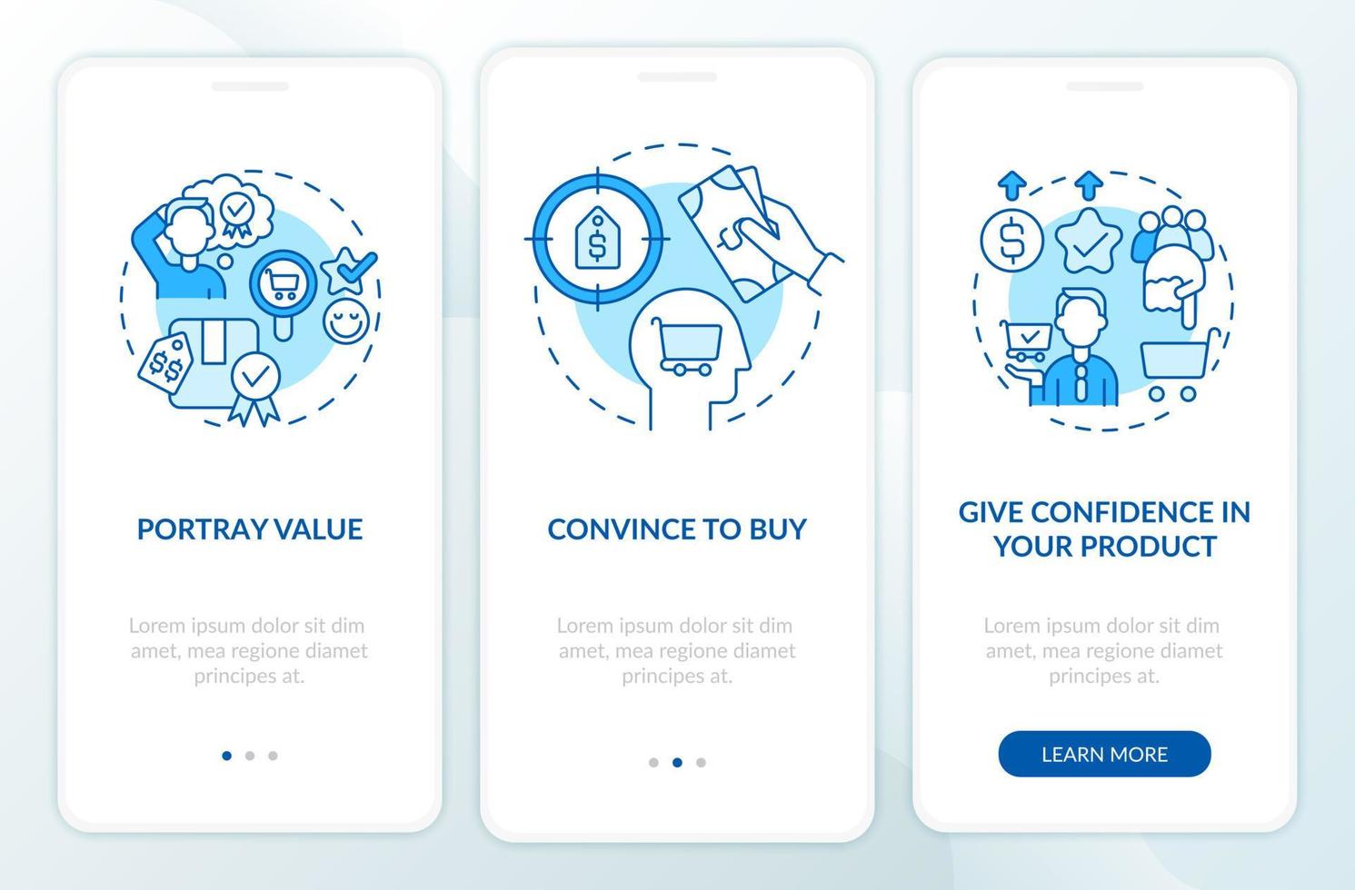 Best pricing strategy components blue onboarding mobile app screen. Walkthrough 3 steps graphic instructions pages with linear concepts. UI, UX, GUI template. Myriad Pro-Bold, Regular fonts used vector