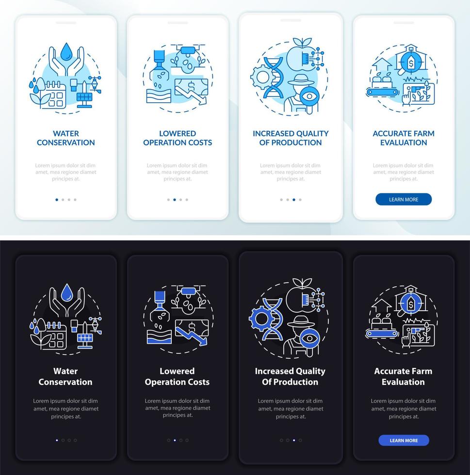 Smart agriculture pros night and day mode onboarding mobile app screen. Walkthrough 4 steps graphic instructions pages with linear concepts. UI, UX, GUI template. Myriad Pro-Bold, Regular fonts used vector