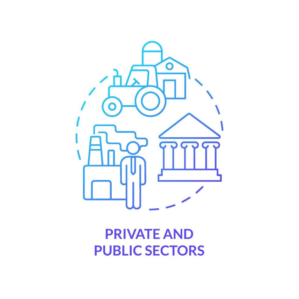 Private and public sectors blue gradient concept icon. State intervention. Mixed economy features abstract idea thin line illustration. Isolated outline drawing. Myriad Pro-Bold fonts used vector