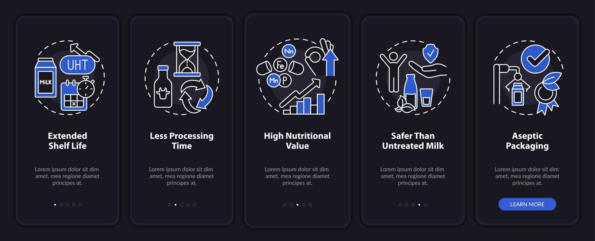 ventajas del modo nocturno de leche uht incorporando la pantalla de la aplicación móvil. tutorial 5 pasos páginas de instrucciones gráficas con conceptos lineales. interfaz de usuario, ux, plantilla de interfaz gráfica de usuario. innumerables fuentes pro-negrita y regulares utilizadas vector