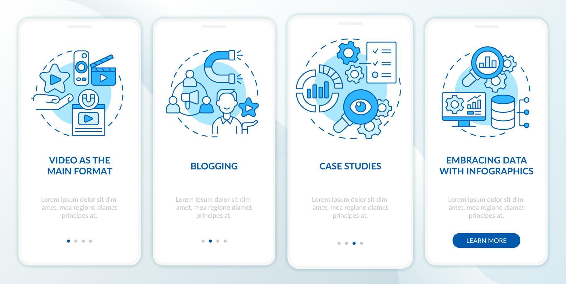 Content marketing trends blue onboarding mobile app screen. Creative walkthrough 4 steps graphic instructions pages with linear concepts. UI, UX, GUI template. Myriad Pro-Bold, Regular fonts used vector