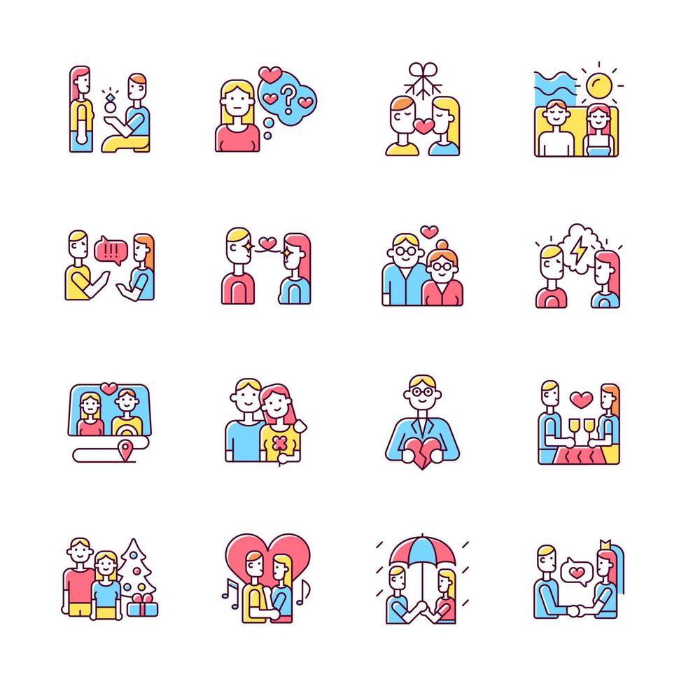 Romance RGB color icons set. Romantic love. Partners spending time together. Couple quality time. Happy relationship. Isolated vector illustrations. Simple filled line drawings collection