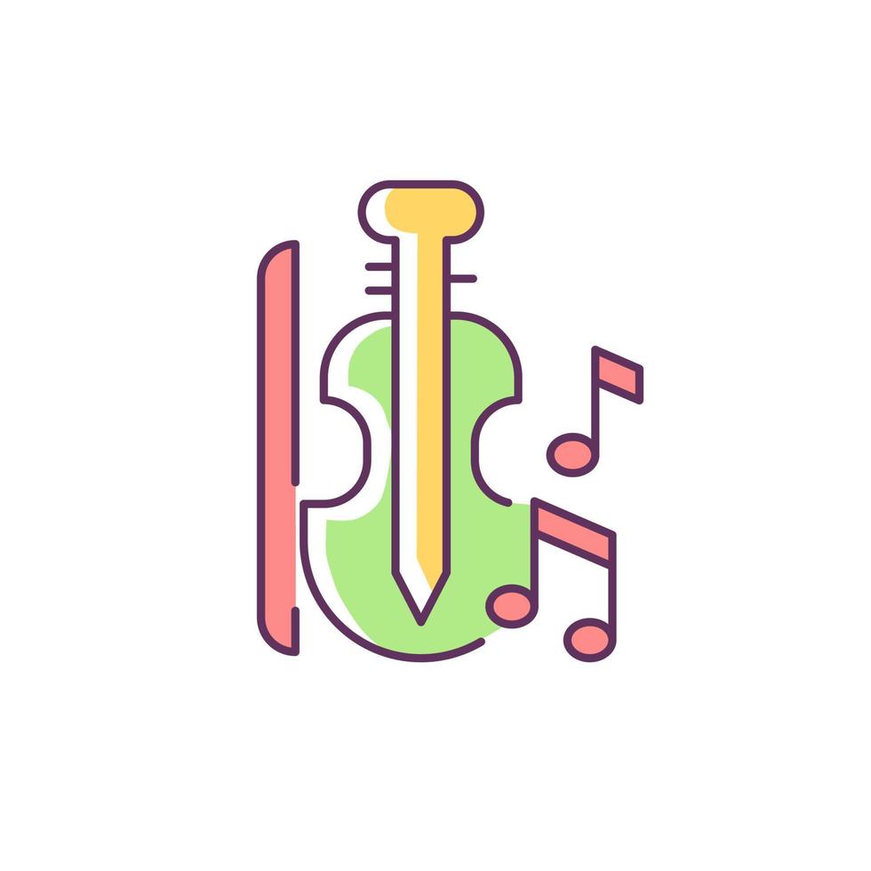 Music RGB color icon. Playing musical instruments in educational institutions. Violin, bow, notes. Music lessons in school. Isolated vector illustration. Simple filled line drawing