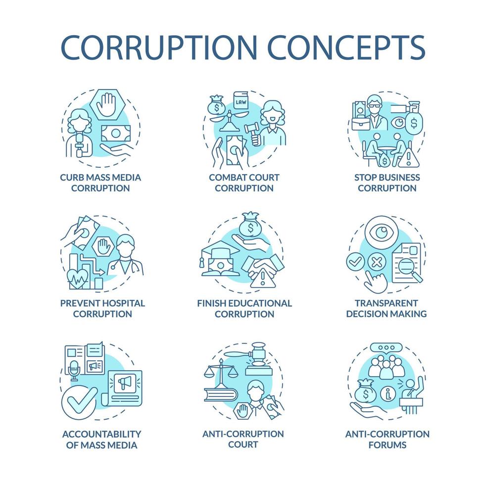 Corruption concept icons set. Corrupted government idea thin line color illustrations. Bribery in government. Embezzlement of budget. Transparent decission making. Vector isolated outline drawings.