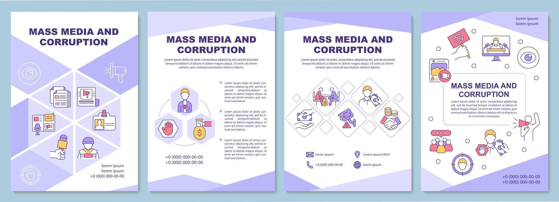 Plantilla de folleto sobre corrupción en los medios de comunicación. rendición de cuentas de los medios de comunicación. folleto, folleto, impresión de folleto, diseño de portada con iconos lineales. diseños vectoriales para presentaciones, informes anuales, páginas de publicidad vector