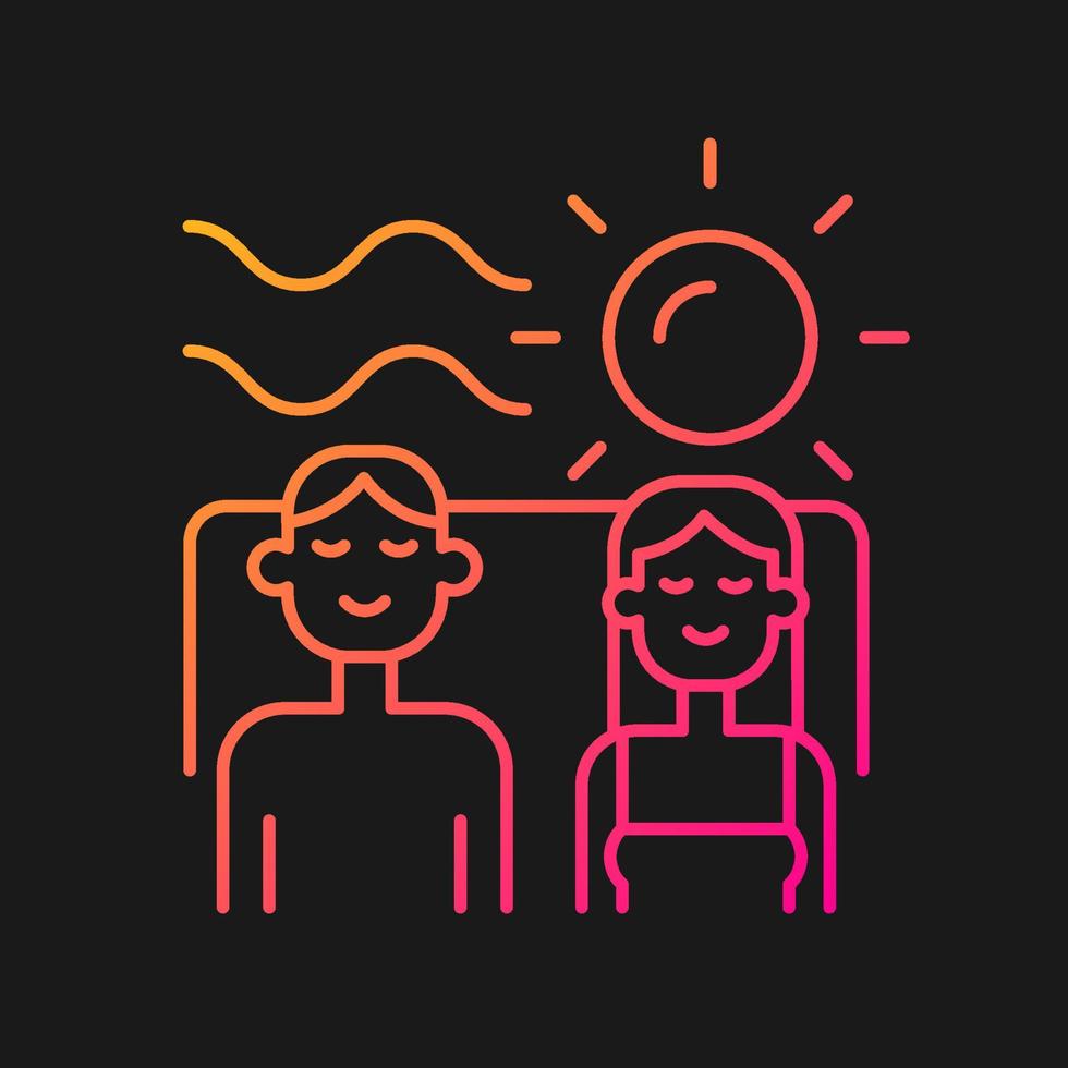 Couple on vacation together gradient vector icon for dark theme. Quality time with partner. Couple relaxing at beach. Thin line color symbol. Modern style pictogram. Vector isolated outline drawing