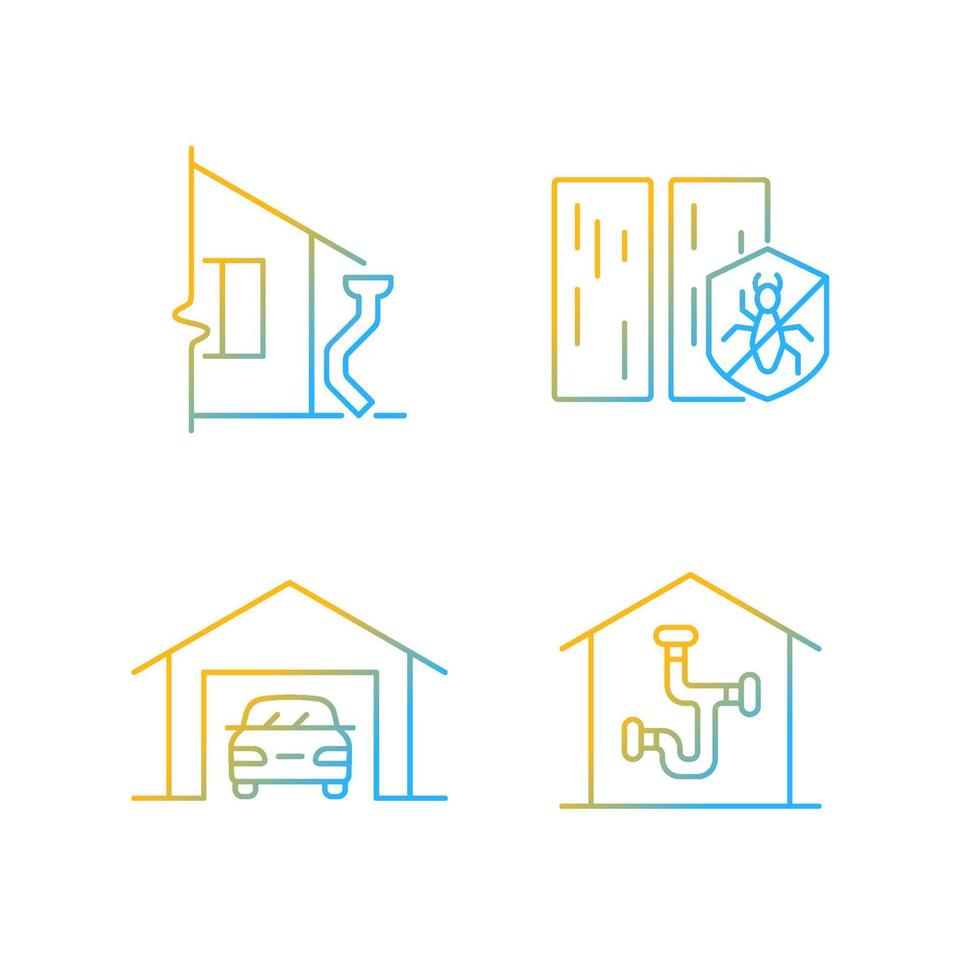 Residential construction gradient linear vector icons set. Roof drainage system. Protection from termite. Parking space. Thin line contour symbols bundle. Isolated outline illustrations collection