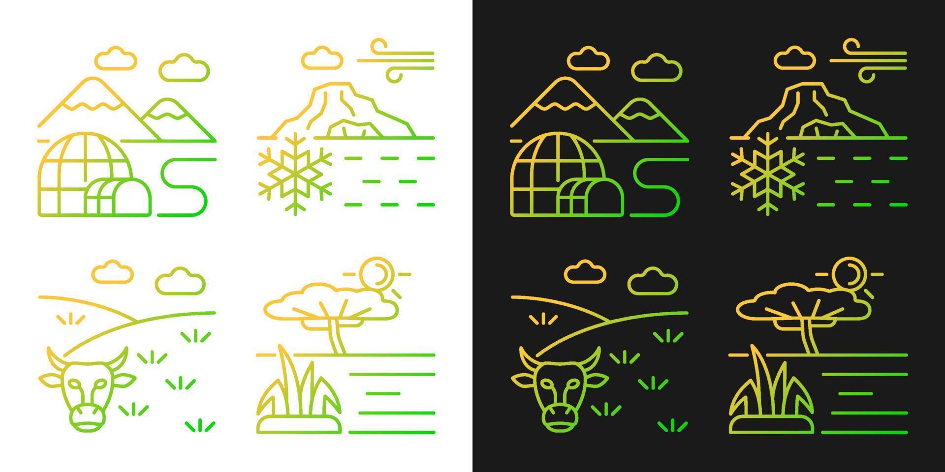 Climate zones gradient icons set for dark and light mode. Cold and hot regions. Temperate climate. Thin line contour symbols bundle. Isolated vector outline illustrations collection on black and white