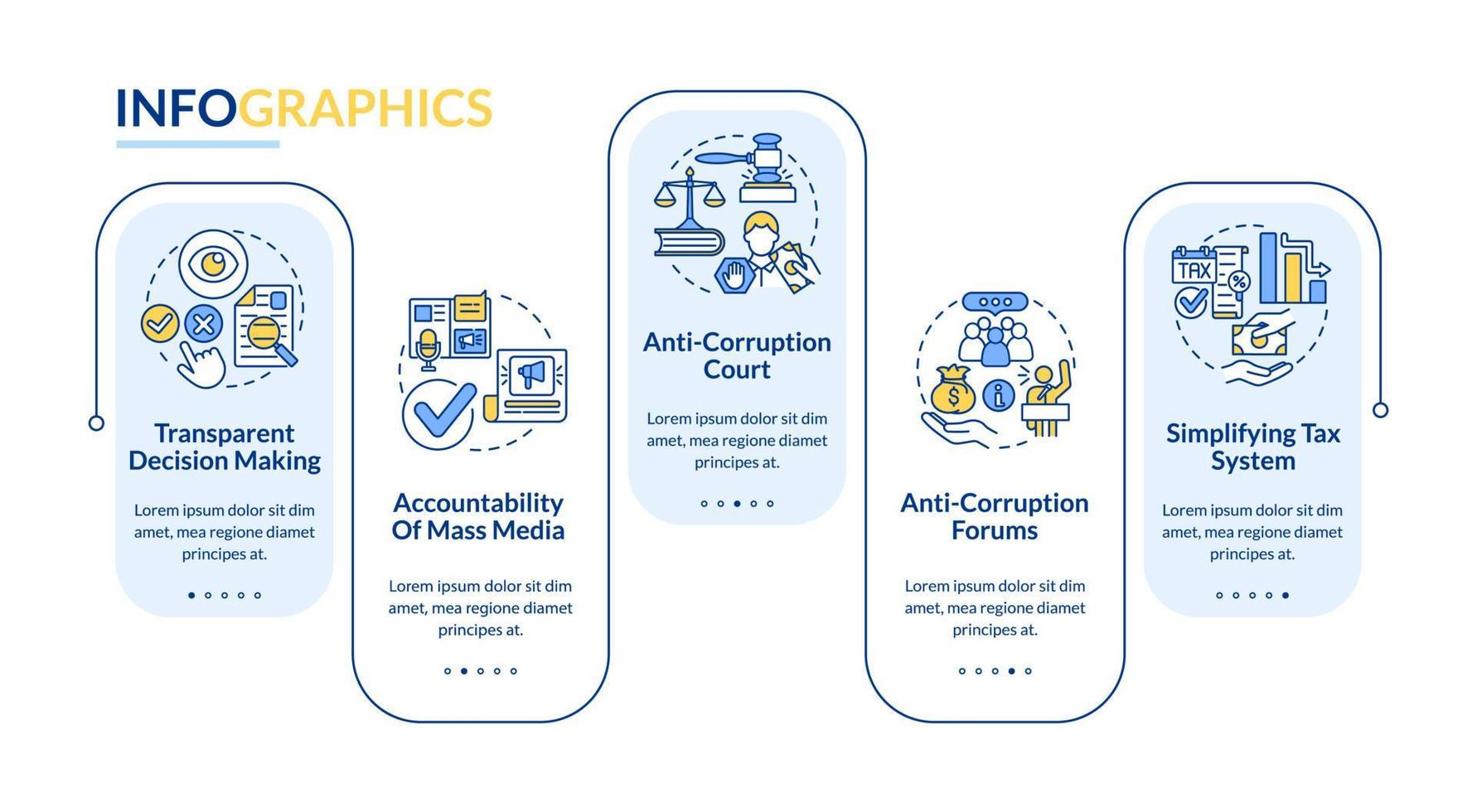 Fighting corruption vector infographic template. Tax awareness presentation outline design elements. Data visualization with 5 steps. Process timeline info chart. Workflow layout with line icons