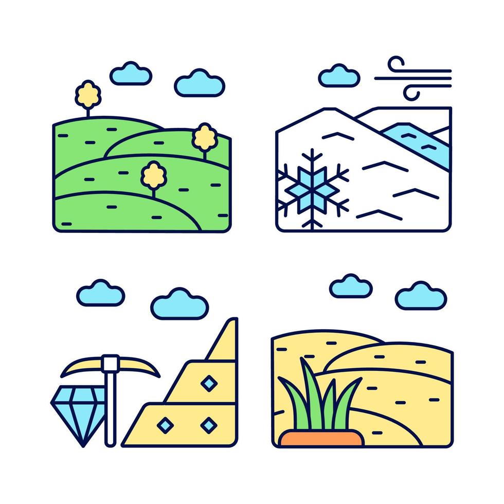 Land diversity RGB color icons set. Natural ground elevation. Minerals mining industry. Perennial ice. Isolated vector illustrations. Simple filled line drawings collection. Editable stroke