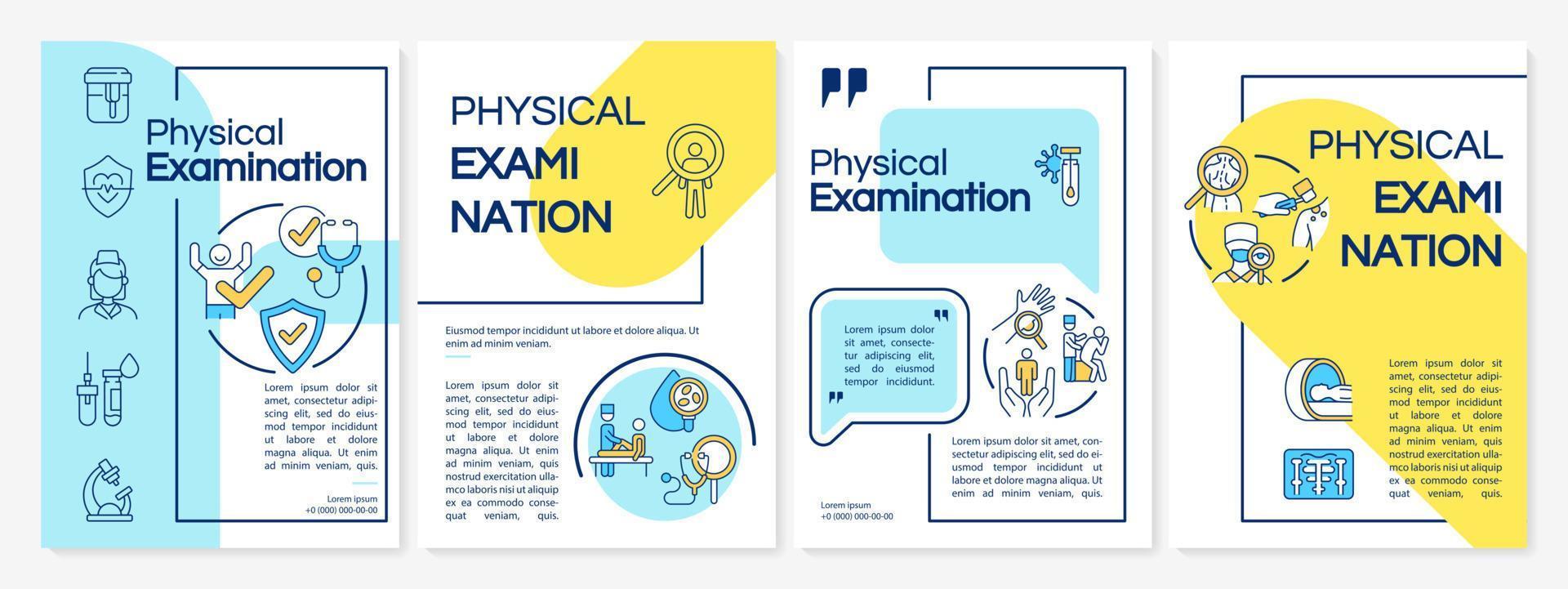 Physical examination blue and yellow brochure template. Flyer, booklet, leaflet print, cover design with linear icons. Vector layouts for presentation, annual reports, advertisement pages