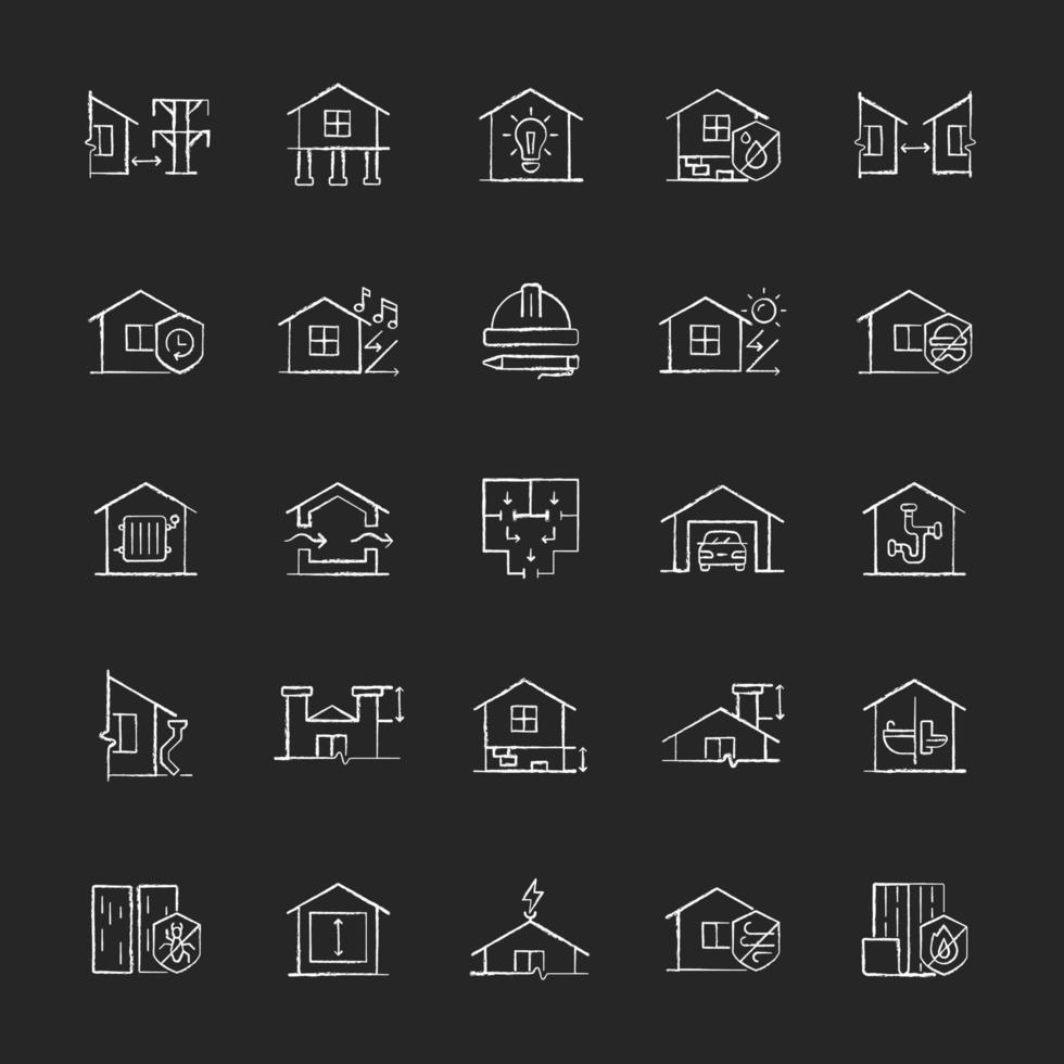 Building safety requirements chalk white icons set on dark background. Remodeling house. Standards for buildings design. New construction inspection. Isolated vector chalkboard illustrations on black