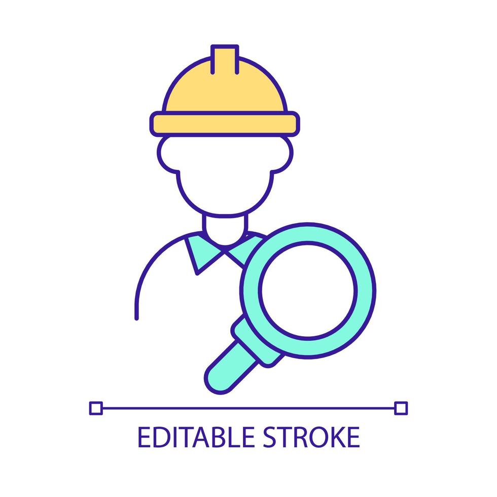 Control of industrial processes RGB color icon. Engineer with magnifier glass. Quality management. Isolated vector illustration. Simple filled line drawing. Editable stroke. Arial font used
