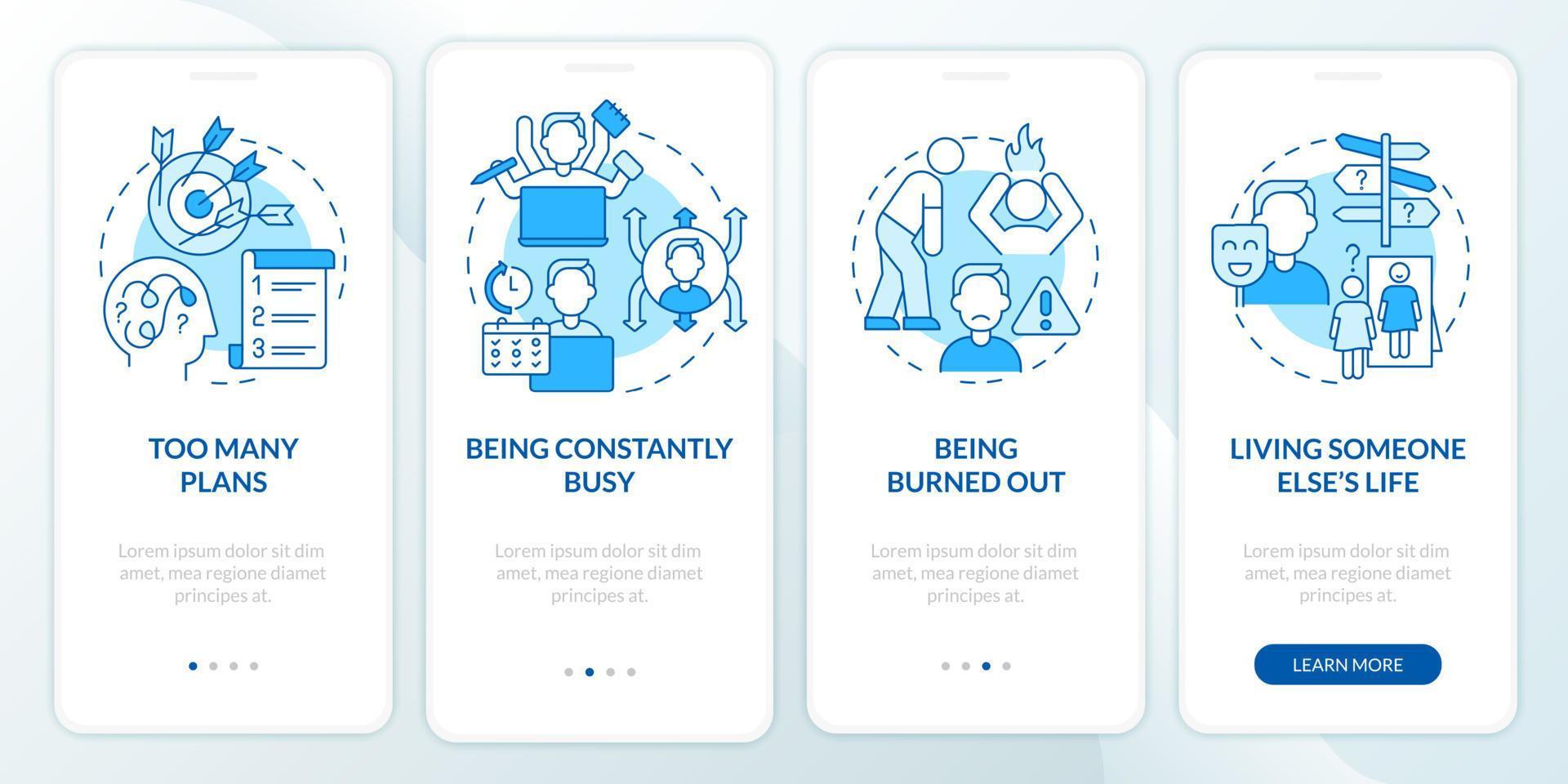 Out of balance life blue onboarding mobile app screen. Imbalance walkthrough 4 steps graphic instructions pages with linear concepts. UI, UX, GUI template. Myriad Pro-Bold, Regular fonts used vector