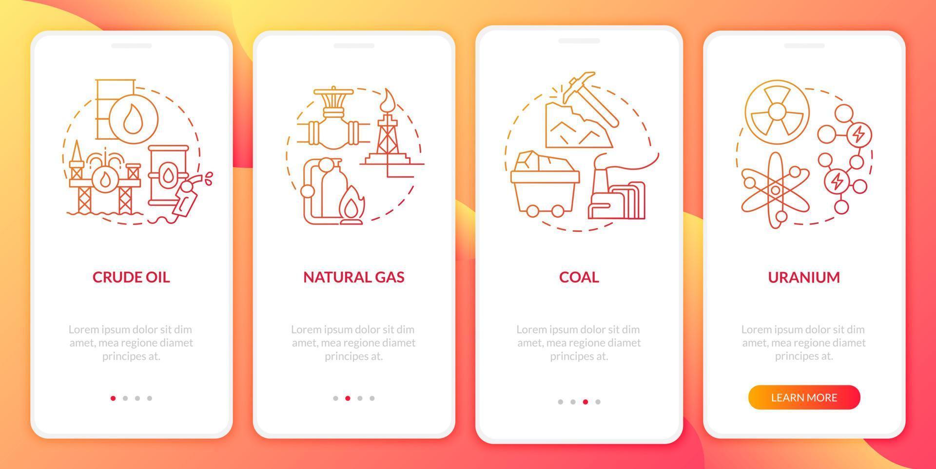 Types of nonrenewable sources sources onboarding mobile app page screen. Eco walkthrough 4 steps graphic instructions with linear concepts. UI, UX, GUI template. Myriad Pro-Bold, Regular fonts used vector