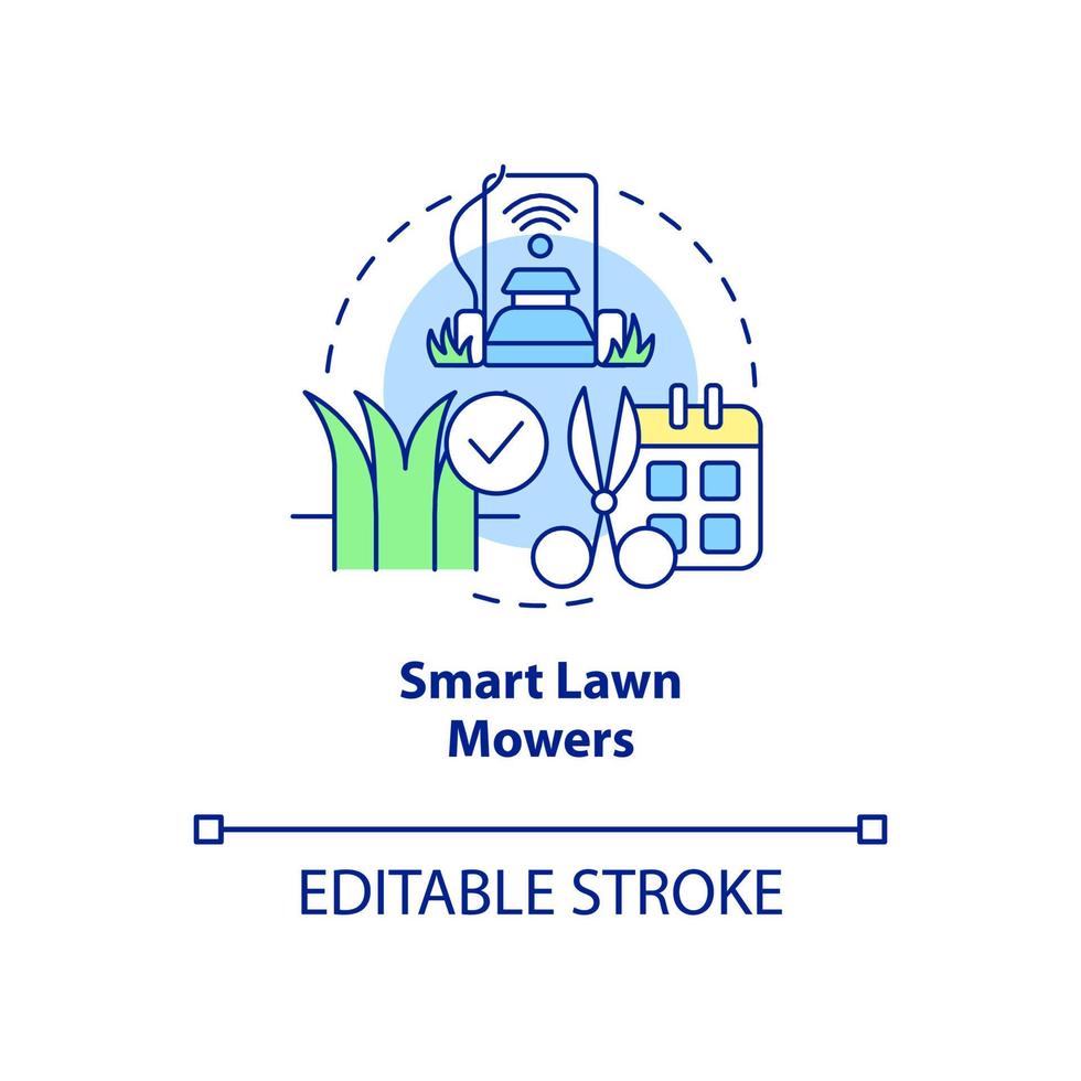 icono de concepto de cortadoras de césped inteligentes. agricultura inteligente idea abstracta ilustración de línea delgada. cortar y recortar el césped automáticamente. dibujo de contorno aislado. trazo editable. arial, innumerables fuentes pro-bold utilizadas vector