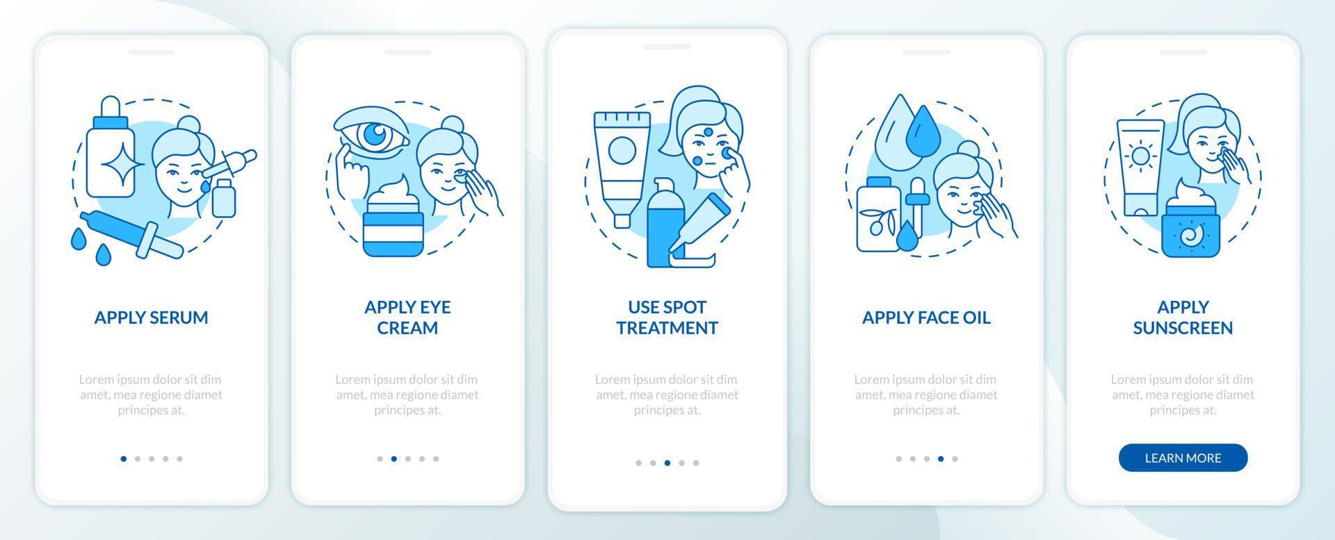 Skincare routine tips blue onboarding mobile app screen. Health care walkthrough 5 steps graphic instructions pages with linear concepts. UI, UX, GUI template. Myriad Pro-Bold, Regular fonts used vector