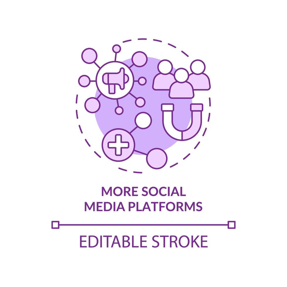 More social media platforms purple concept icon. Digital marketing trend abstract idea thin line illustration. Isolated outline drawing. Editable stroke. Arial, Myriad Pro-Bold fonts used vector