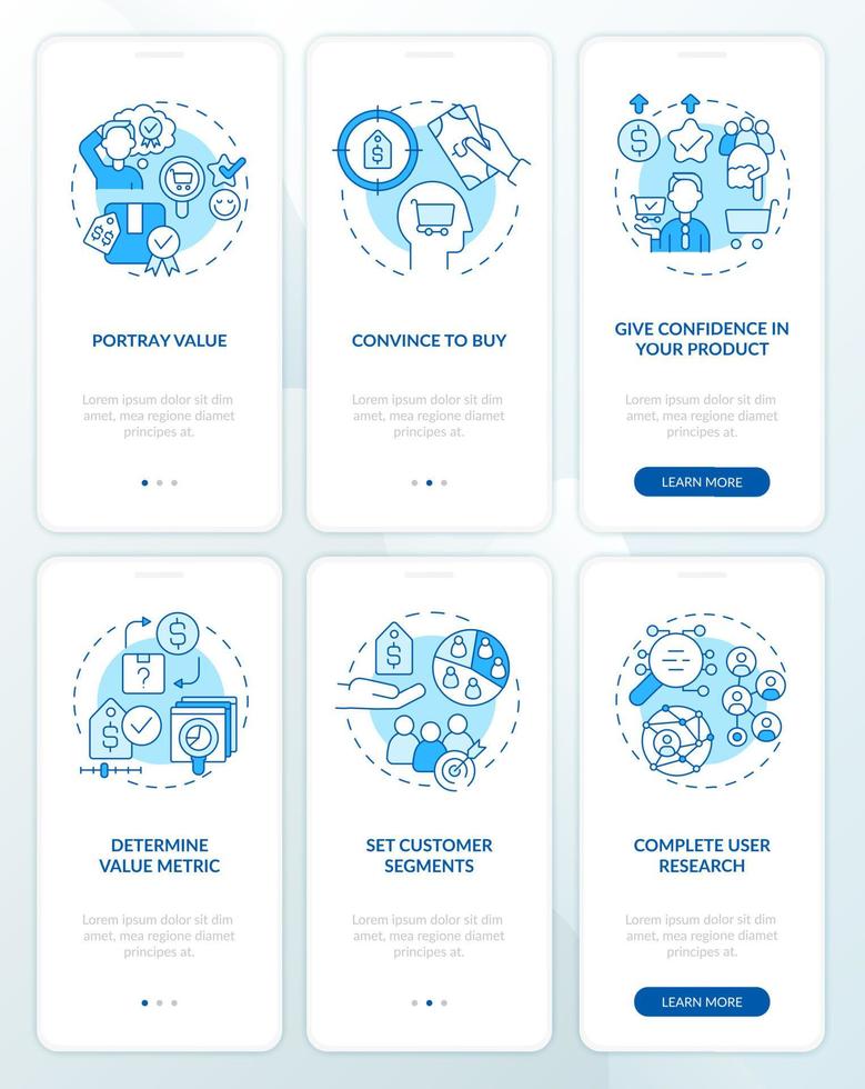 Selecting good pricing strategy blue onboarding mobile app screen set. Walkthrough 3 steps graphic instructions pages with linear concepts. UI, UX, GUI template. Myriad Pro-Bold, Regular fonts used vector