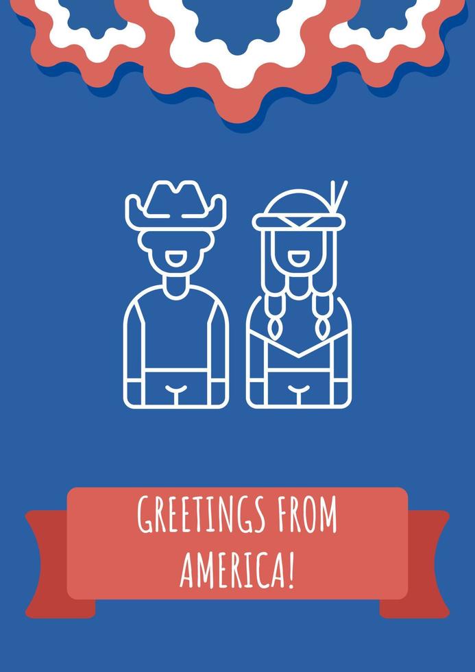 Exploring United states of America postcard with linear glyph icon. Greeting card with decorative vector design. Simple style poster with creative lineart illustration. Flyer with holiday wish