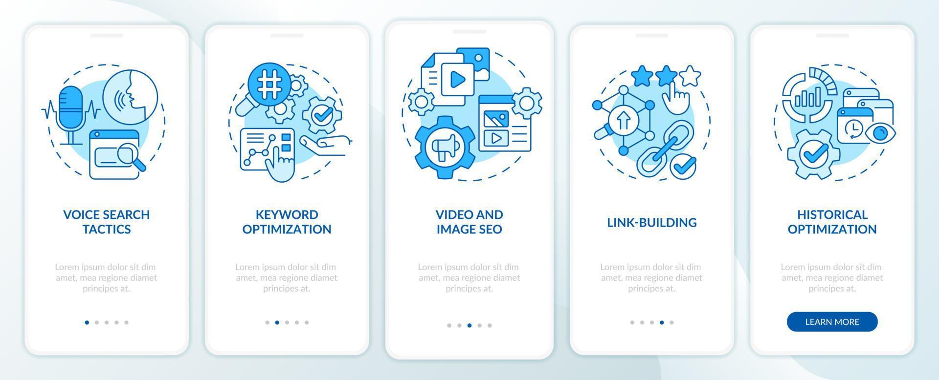 SEO marketing trends blue onboarding mobile app screen. Technology walkthrough 5 steps graphic instructions pages with linear concepts. UI, UX, GUI template. Myriad Pro-Bold, Regular fonts used vector