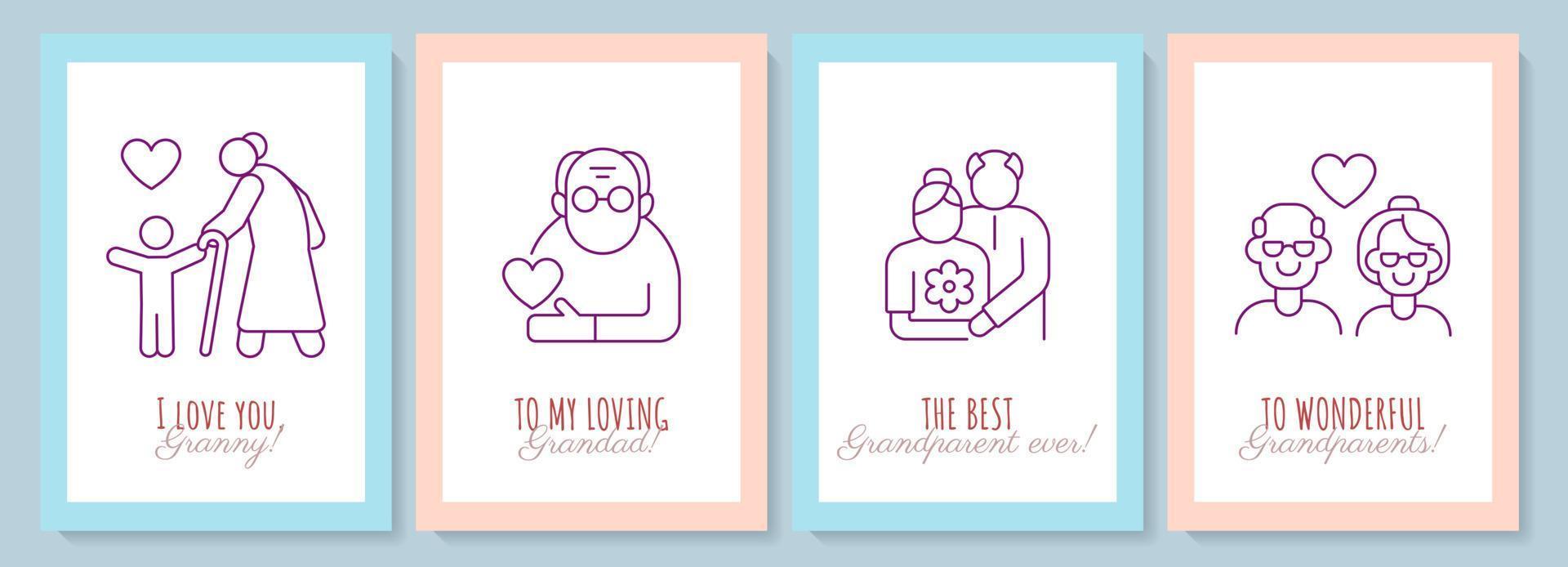 agradecimiento a la postal de los abuelos con un conjunto de iconos de glifo lineal. tarjeta de felicitación con diseño de vectores decorativos. póster de estilo simple con ilustración creativa de lineart. volante con deseo de vacaciones