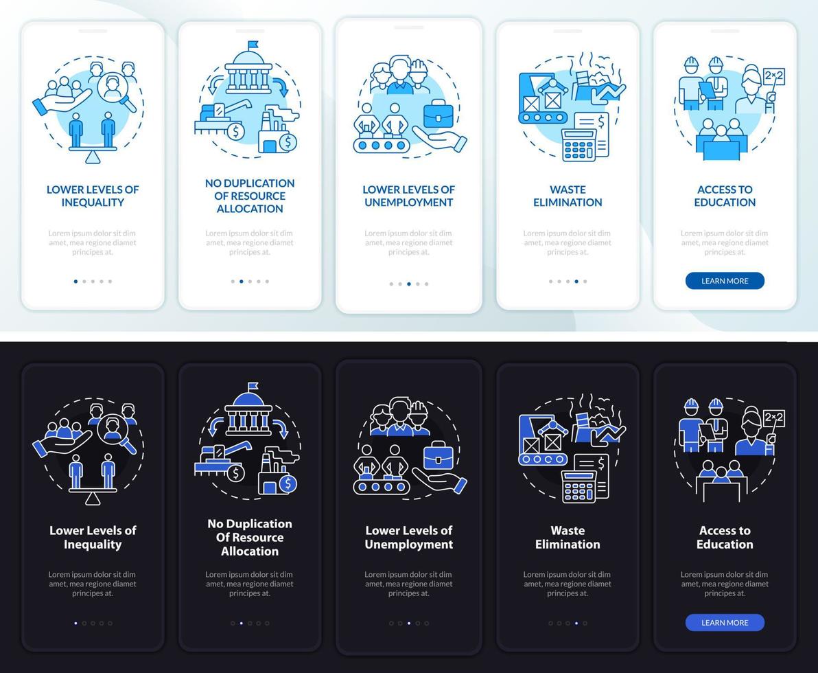 Centrally planned ES pros night, day mode onboarding mobile app screen. Walkthrough 5 steps graphic instructions pages with linear concepts. UI, UX, GUI template. Myriad Pro-Bold, Regular fonts used vector