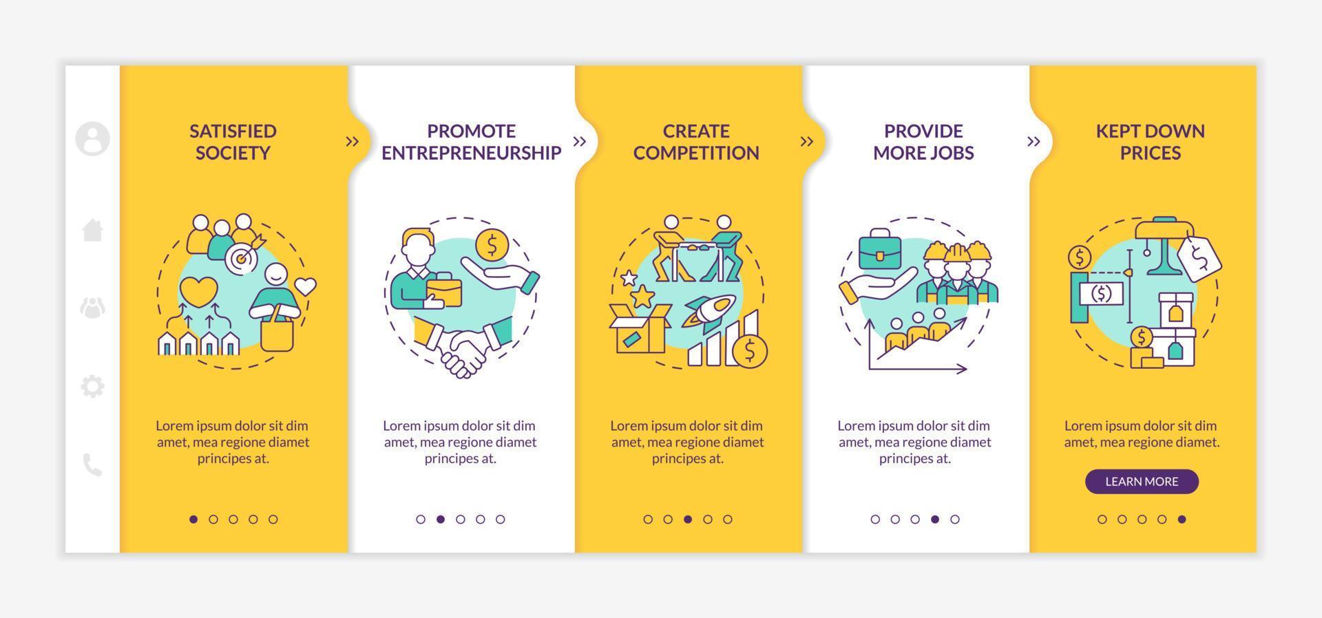 Market economy advantages yellow onboarding template. Supply and demand. Responsive mobile website with linear concept icons. Web page walkthrough 5 step screens. Lato-Bold, Regular fonts used vector