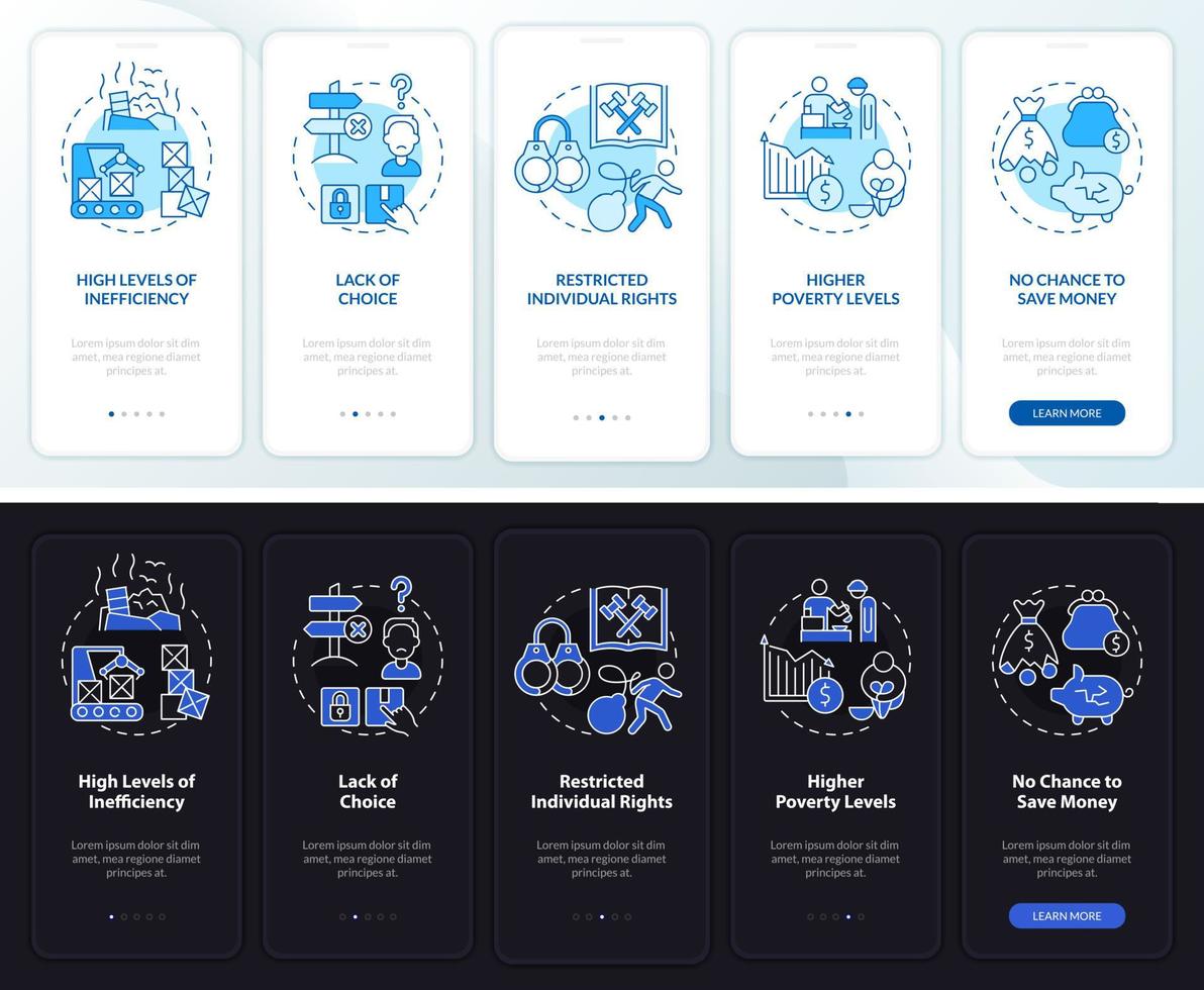 Centrally planned ES cons night, day mode onboarding mobile app screen. Walkthrough 5 steps graphic instructions pages with linear concepts. UI, UX, GUI template. Myriad Pro-Bold, Regular fonts used vector