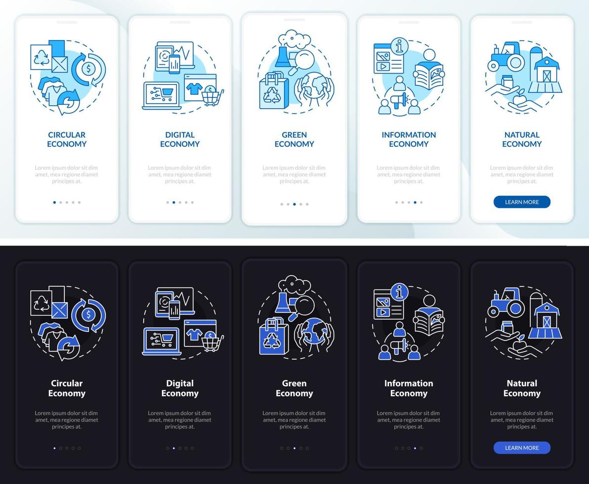 Economy models night and day mode onboarding mobile app screen. Walkthrough 5 steps graphic instructions pages with linear concepts. UI, UX, GUI template. Myriad Pro-Bold, Regular fonts used vector