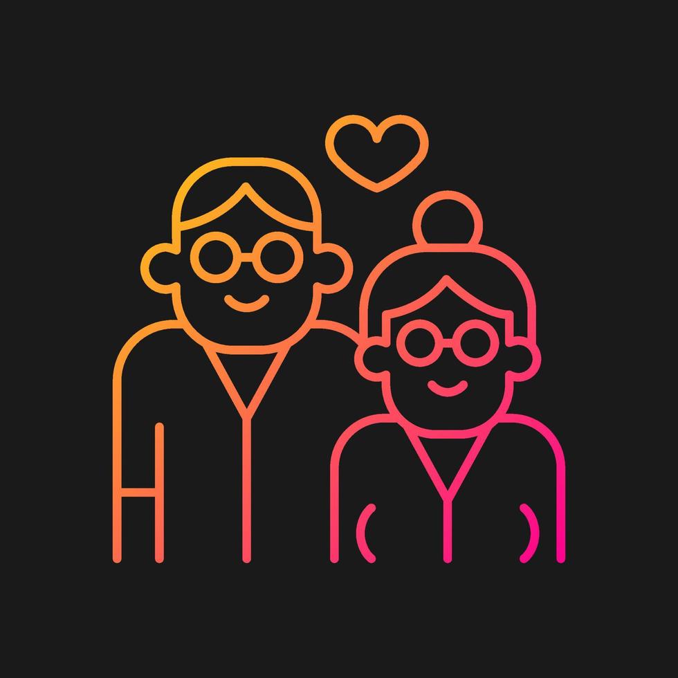 Elderly couple in love gradient vector icon for dark theme. Long term romantic relationship. Married for long time. Thin line color symbol. Modern style pictogram. Vector isolated outline drawing