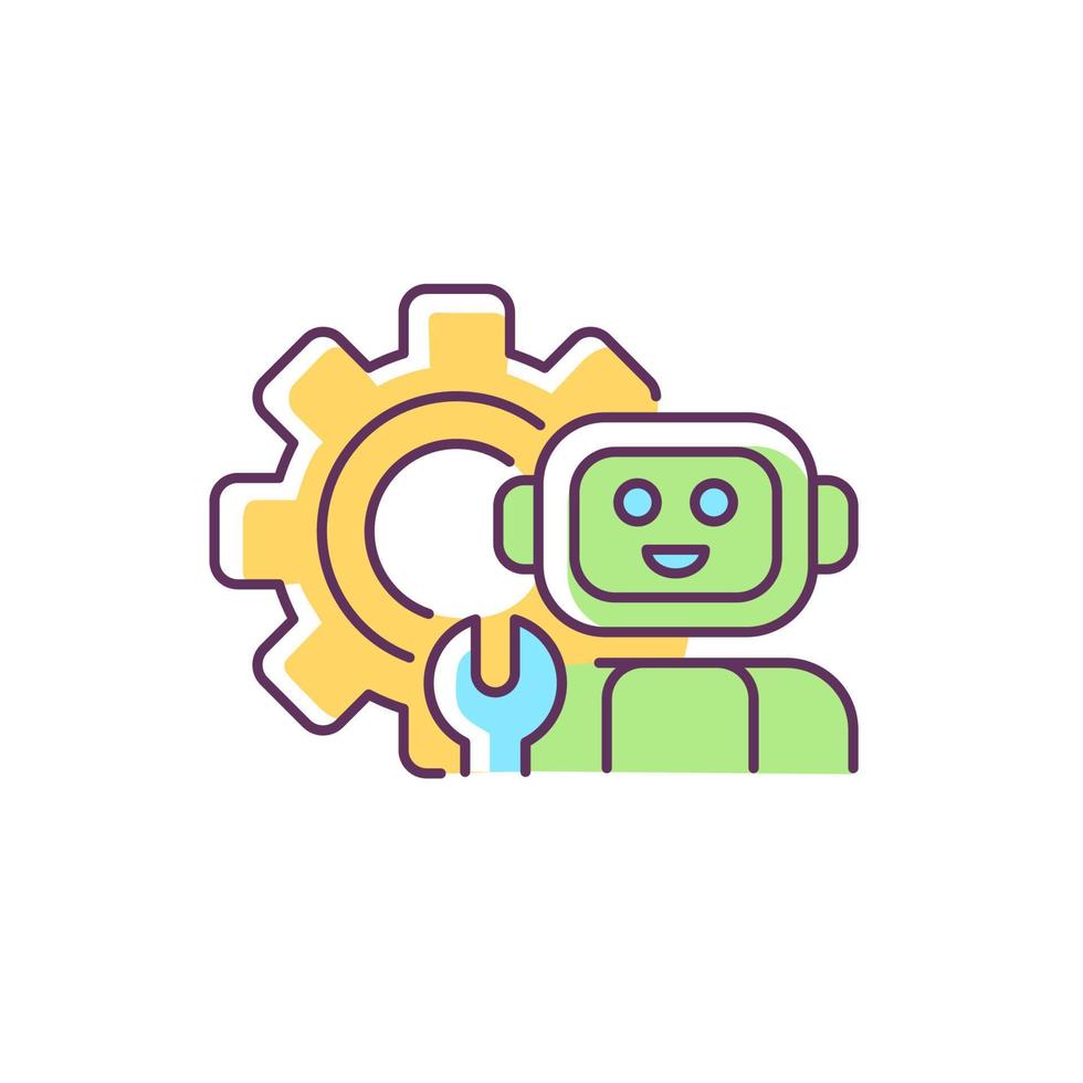 icono de color rgb de tecnología. robot con llave contra el fondo de un equipo enorme. clases de tecnología en la escuela. estudio de mecanismos ilustración vectorial aislada. dibujo lineal relleno simple vector