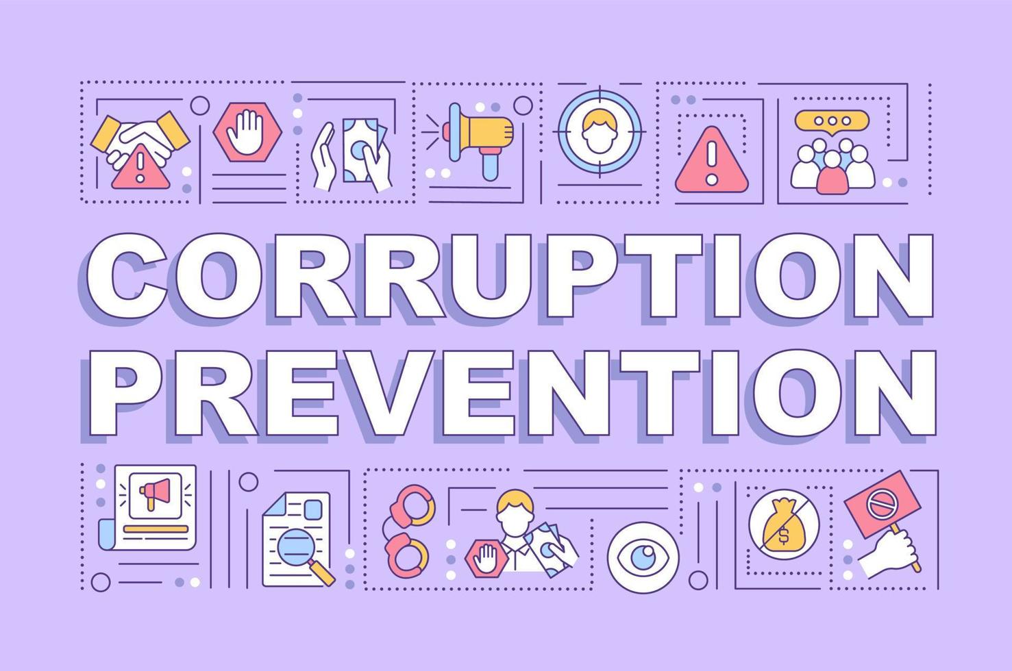 Corruption prevention word concepts banner. Corruption control measures. Infographics with linear icons on purple background. Isolated creative typography. Vector outline color illustration with text