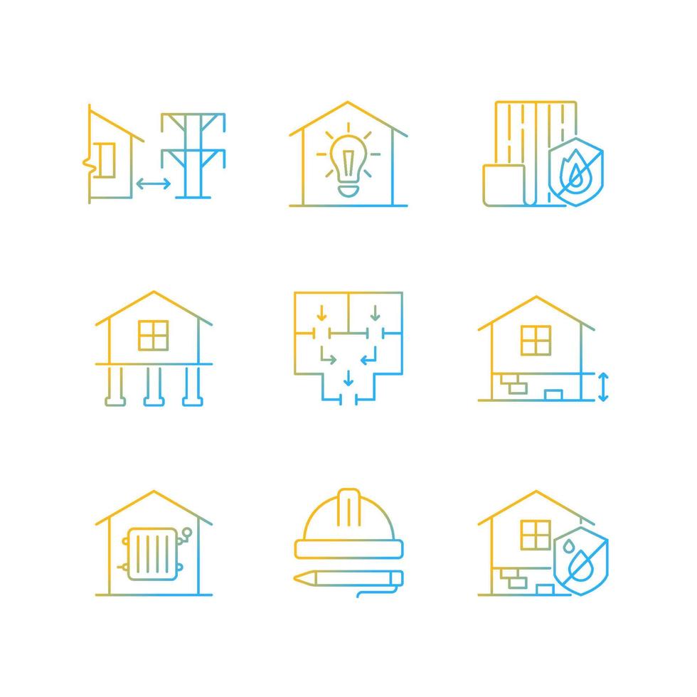 Building safety regulations gradient linear vector icons set. Adequate housing. Resistance to fire. Electricity supply. Thin line contour symbols bundle. Isolated outline illustrations collection