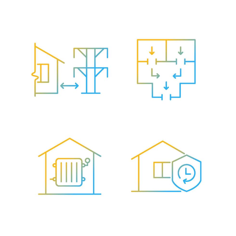 Home building regulation gradient linear vector icons set. Distance from electric lines. Fire escape route. Durability. Thin line contour symbols bundle. Isolated outline illustrations collection