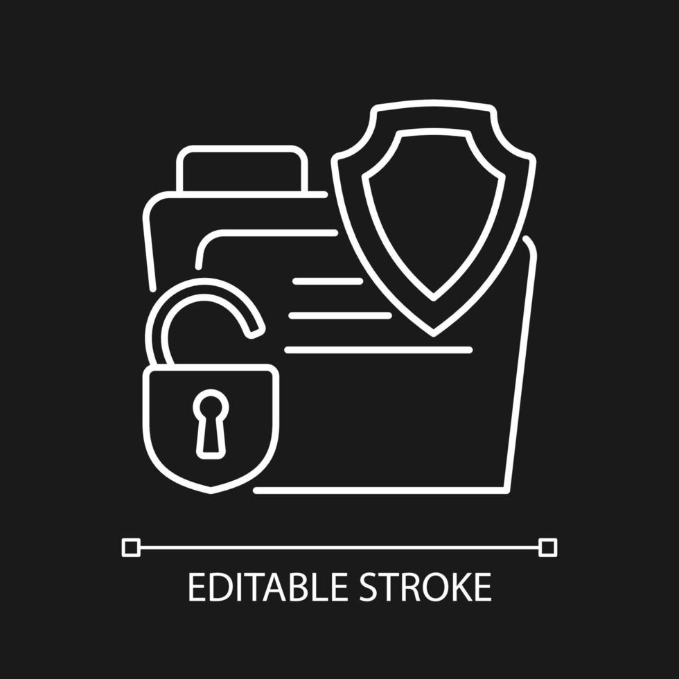 Data breach insurance white linear icon for dark theme. Cyber safety insurance. Thin line customizable illustration. Isolated vector contour symbol for night mode. Editable stroke. Arial font used