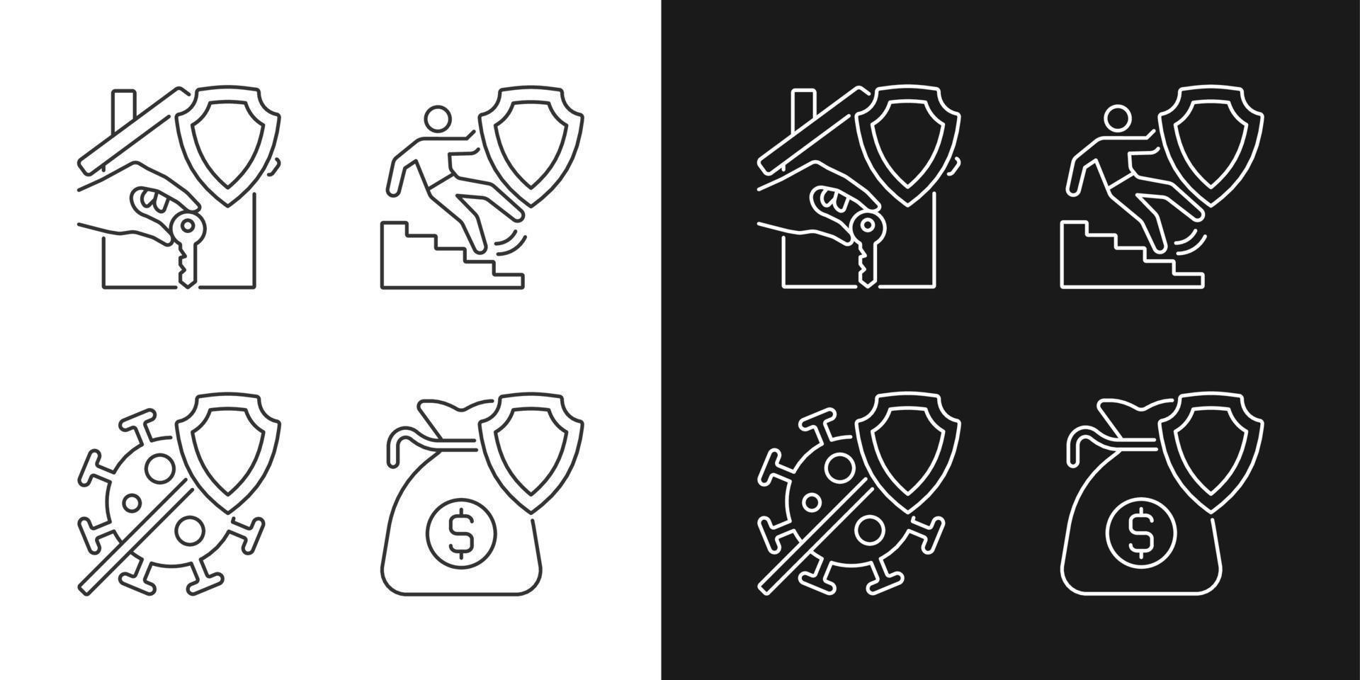 Insurance cases types linear icons set for dark and light mode. Financial support at accidents. Insurance policy coverage. Customizable thin line symbols. Isolated vector outline illustrations