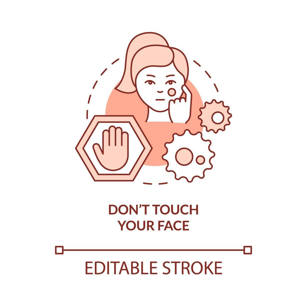 Dont touch your face terracotta concept icon. Avoid bacteria spreading abstract idea thin line illustration. Isolated outline drawing. Editable stroke. Roboto-Medium, Myriad Pro-Bold fonts used vector
