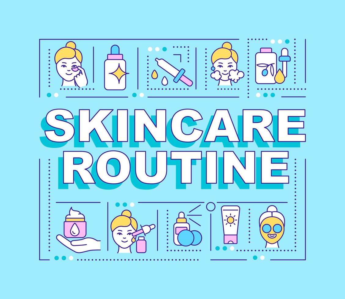 Skincare routine word concepts blue banner. Beauty and health. Infographics with linear icons on background. Isolated typography. Vector color illustration with text. Arial-Black font used