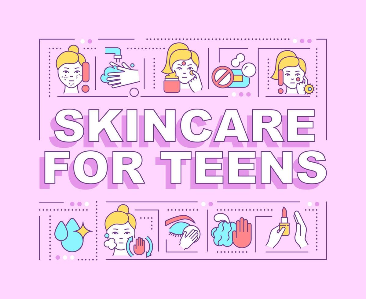 Skincare for teens word concepts pink banner. Skin treatment. Infographics with linear icons on background. Isolated typography. Vector color illustration with text. Arial-Black font used
